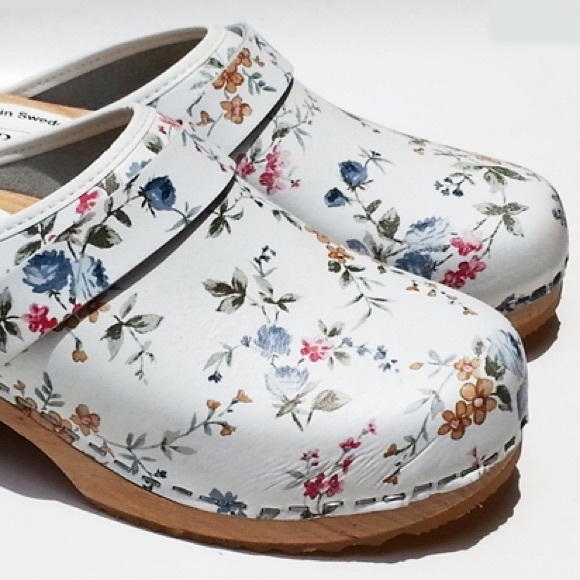 Moheda Swedish Sweden Linnea White Floral Leather Clogs Mules Womens New 40 - Picture 12 of 14